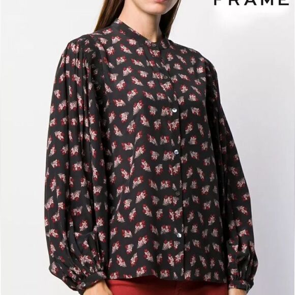 FRAME 100% SILK SMOCKED NOIR MULTI BLOUSE. S - Picture 1 of 8